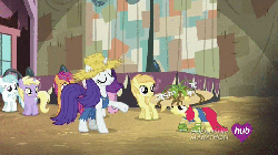 Size: 600x337 | Tagged: safe, screencap, apple bloom, dinky hooves, noi, rarity, scootaloo, spike, sweetie belle, g4, season 4, simple ways, animated, cutie mark crusaders, gif, hub logo, rarihick, tail, tail hole