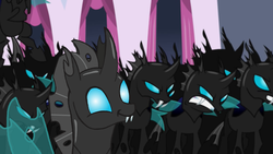 Size: 1280x720 | Tagged: safe, artist:hakar-kerarmor, edit, edited screencap, screencap, doomie, changeling, a canterlot wedding, g4, smiling, twiface, wrong neighborhood