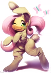 Size: 1280x1811 | Tagged: safe, artist:aruurara, fluttershy, pony, g4, bunny costume, bunnyshy, carrot, clothes, female, mare, one eye closed, solo, wink