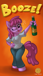 Size: 675x1200 | Tagged: safe, artist:1trick, berry punch, berryshine, earth pony, anthro, g4, alcohol, clothes, jeans