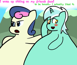 Size: 1280x1086 | Tagged: safe, artist:askchubbytwilight, bon bon, lyra heartstrings, sweetie drops, earth pony, pony, g4, bipedal, blushing, dialogue, fat, morbidly obese, obese