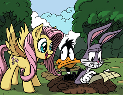 Size: 1650x1276 | Tagged: safe, artist:latecustomer, fluttershy, bird, duck, pegasus, pony, rabbit, g4, animal, bugs bunny, crossover, daffy duck, female, looney tunes, male, map, mare, trio