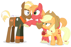 Size: 1125x750 | Tagged: safe, artist:dm29, applejack, big macintosh, trenderhoof, earth pony, pony, g4, simple ways, annoyed, apple, clothes, derail in the comments, eating, eye contact, frown, glare, glasses, male, overprotective, simple background, stallion, sweater, transparent background, trio, wide eyes