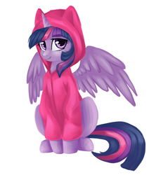 Size: 1024x1152 | Tagged: safe, artist:voilet14, twilight sparkle, alicorn, pony, g4, clothes, cute, female, hoodie, lidded eyes, looking at you, mare, simple background, sitting, smiling, solo, spread wings, twiabetes, twilight sparkle (alicorn), white background, wings