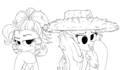 Size: 1420x820 | Tagged: safe, artist:frankier77, applejack, rarity, g4, simple ways, applejewel, bucktooth, monochrome, rarihick, wip