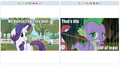 Size: 518x278 | Tagged: safe, rarity, spike, derpibooru, g4, butt, exploitable meme, juxtaposition, juxtaposition win, meme, meta, plot