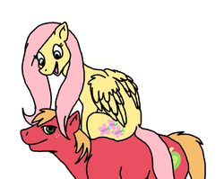Size: 674x537 | Tagged: safe, artist:skaleal, big macintosh, fluttershy, earth pony, pony, g4, fluttershy riding big macintosh, looking at you, male, open mouth, ponies riding ponies, riding, ship:fluttermac, shipping, sitting, smiling, stallion, straight