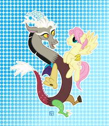 Size: 838x970 | Tagged: safe, artist:disfiguredstick, discord, fluttershy, draconequus, pegasus, pony, g4, butterscotch, duo, duo male and female, eris, female, looking at each other, looking at someone, male, rule 63, stallion