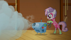 Size: 1366x768 | Tagged: safe, screencap, sweetie belle, g4, the show stoppers, bipedal, bipedal leaning, clothes, face paint, female, leaning, show stopper outfits, smoke machine, solo