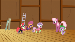 Size: 1366x768 | Tagged: safe, screencap, apple bloom, cheerilee, scootaloo, spike, sweetie belle, g4, the show stoppers, bandana, clothes, cutie mark crusaders, face paint, show stopper outfits