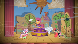 Size: 1366x768 | Tagged: safe, screencap, apple bloom, scootaloo, sweetie belle, g4, the show stoppers, bandana, clothes, cutie mark crusaders, face paint, show stopper outfits, stage, wind
