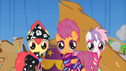 Size: 1366x768 | Tagged: safe, screencap, apple bloom, scootaloo, sweetie belle, g4, the show stoppers, bandana, clothes, cutie mark crusaders, face paint, show stopper outfits