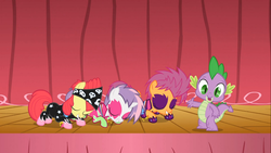 Size: 1366x768 | Tagged: safe, screencap, apple bloom, scootaloo, spike, sweetie belle, g4, the show stoppers, bandana, bowing, clothes, cutie mark crusaders, face paint, show stopper outfits