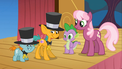 Size: 1366x768 | Tagged: safe, screencap, cheerilee, snails, snips, spike, g4, the show stoppers, bowtie, hat, top hat