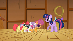 Size: 1366x768 | Tagged: safe, screencap, apple bloom, scootaloo, sweetie belle, twilight sparkle, g4, the show stoppers, bandana, cutie mark crusaders, face paint, lidded eyes