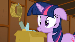 Size: 1366x768 | Tagged: safe, screencap, twilight sparkle, pony, unicorn, g4, the show stoppers, cardboard box, female, floppy ears, frown, mare, rope, solo, unicorn twilight, wide eyes