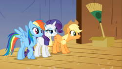Size: 1366x768 | Tagged: safe, screencap, applejack, rainbow dash, rarity, g4, the show stoppers