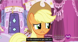 Size: 1920x1200 | Tagged: safe, screencap, applejack, g4, simple ways, female, hub logo, meme, solo, youtube caption