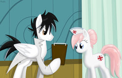 Size: 1866x1200 | Tagged: safe, artist:ninbikun, nurse redheart, oc, pegasus, pony, g4, clipboard, thunder tumble