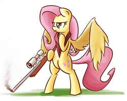 Size: 2518x2000 | Tagged: safe, artist:shovrike, fluttershy, pegasus, pony, g4, bandana, bipedal, cutie mark, female, flutterbadass, frown, glare, gun, hoof hold, hooves, mare, optical sight, rifle, simple background, smoke, sniper rifle, snipershy, solo, spread wings, weapon, white background, who needs trigger fingers, wings