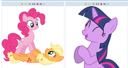 Size: 514x275 | Tagged: safe, applejack, pinkie pie, twilight sparkle, derpibooru, g4, my little pony: friendship is magic, pinkie apple pie, exploitable meme, juxtaposition, juxtaposition win, meme, meta, shipper on deck