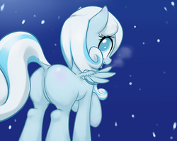 Size: 2135x1703 | Tagged: safe, artist:forst, oc, oc only, oc:snowdrop, pegasus, pony, breath, butt, colored pupils, featureless crotch, female, filly, looking at you, looking back, looking back at you, mare, plot, snow, snowfall, solo, spread wings, wings