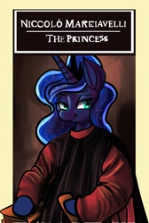 Size: 1280x1904 | Tagged: safe, artist:fauxsquared, princess luna, anthro, tumblr:it's always sunny in canterlot, g4, female, literary parody, niccolò machiavelli, parody, solo, the prince, tumblr