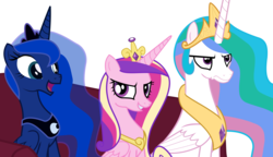 Size: 5000x2887 | Tagged: safe, artist:2snacks, artist:razorxpro, princess cadance, princess celestia, princess luna, alicorn, pony, two best sisters play, g4, couch, frown, grin, grumpy, happy, looking at you, matt (tbfp), muna, open mouth, pat (tbfp), patlestia, sitting, smiling, smirk, trio, two best friends play, vector, wooldance, woolie (tbfp)