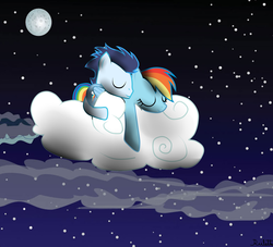 Size: 1024x931 | Tagged: safe, artist:rulette, rainbow dash, soarin', pegasus, pony, g4, clothes, female, male, mare, ship:soarindash, shipping, shipping war in the comments, sleeping, stallion, straight