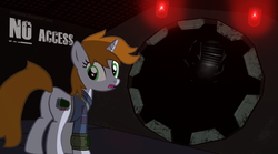 Size: 1800x1000 | Tagged: safe, artist:ponyecho, oc, oc only, oc:littlepip, pony, unicorn, fallout equestria, butt, clothes, fanfic, fanfic art, female, hooves, horn, jumpsuit, mare, open mouth, pipbuck, plot, show accurate, solo, stable (vault), stable door, text, vault, vault suit