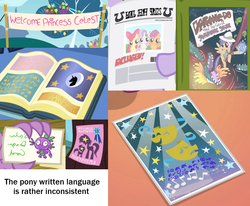 Size: 1106x910 | Tagged: safe, apple bloom, daring do, scootaloo, spike, sweetie belle, g4, banner, book, comedy and tragedy, cutie mark crusaders, foal free press, observation, sihovi, we couldn't fit it all in, welcome princess celest, written equestrian