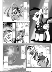 Size: 1144x1600 | Tagged: safe, rainbow dash, scootaloo, pegasus, pony, p.f.f., g4, clothes, comic, female, mare, monochrome, sonic rainboom, sweat