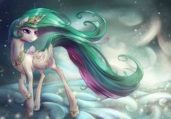 Size: 1518x1056 | Tagged: dead source, safe, artist:viwrastupr, princess celestia, alicorn, pony, g4, cloud, cloudy, female, solo, windswept mane