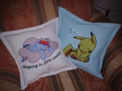 Size: 960x720 | Tagged: safe, artist:totoroxvi, rainbow dash, pikachu, g4, pillow, pokémon, sleeping