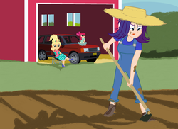 Size: 1920x1400 | Tagged: safe, artist:garretthegarret, apple bloom, applejack, rarity, human, equestria girls, g4, simple ways, a113, applejewel, car, hat, hoe (tool), human coloration, land rover, land rover range rover, mud, muddy, overalls, rarihick, straw hat, suv, sweat