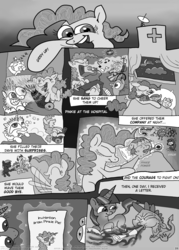 Size: 1144x1600 | Tagged: safe, pinkie pie, spike, twilight sparkle, dragon, earth pony, pony, unicorn, p.f.f., g4, book, comic, dragon mail, fanbook, female, fire, fire breath, levitation, magic, male, mare, monochrome, pillow, sick, sweat, telekinesis