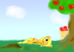 Size: 1052x744 | Tagged: safe, artist:dmwcool1, applejack, g4, female, resting, solo