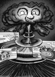 Size: 1144x1600 | Tagged: safe, pinkie pie, pony, unicorn, p.f.f., g4, comic, death, fanbook, female, mare, monochrome, mushroom cloud