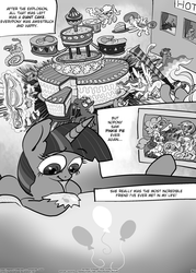 Size: 1144x1600 | Tagged: safe, applejack, fluttershy, pinkie pie, princess celestia, rainbow dash, rarity, twilight sparkle, earth pony, pegasus, pony, unicorn, p.f.f., g4, butt, cake, comic, fanbook, female, food, implied sex, male, mane six, mare, monochrome, plot, sleeping, stallion, tongue out