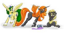 Size: 1657x869 | Tagged: safe, artist:ryouga1100, oc, oc only, alicorn, changeling, changeling queen, pony, alicorn oc, jar, orange changeling, yelling, yellow changeling