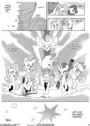 Size: 1145x1600 | Tagged: safe, applejack, fluttershy, pinkie pie, rainbow dash, rarity, twilight sparkle, p.f.f., g4, comic, fanbook, mane six, monochrome