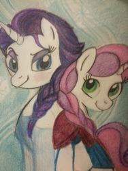Size: 720x960 | Tagged: safe, artist:mistresscarrie, rarity, sweetie belle, g4, anna, clothes, elsa, frozen (movie), princess anna belle, queen elsarity, sisters, traditional art