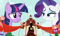 Size: 1116x675 | Tagged: safe, edit, screencap, rarity, twilight sparkle, alicorn, pony, g4, simple ways, attack on titan, eren jaeger, female, hub logo, macro, mare, twilight sparkle (alicorn)