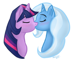 Size: 877x697 | Tagged: safe, artist:natra-san, trixie, twilight sparkle, pony, unicorn, g4, duo, eyes closed, female, kiss on the lips, kissing, lesbian, ship:twixie, shipping