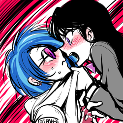 Size: 600x600 | Tagged: safe, artist:re_ghotion, dj pon-3, octavia melody, vinyl scratch, human, angry, blushing, clothes, duo, female, humanized, lesbian, light skin, looking at each other, open mouth, scratchtavia, shipping, sweat, tsundere, tsuntavia