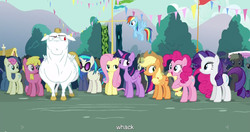 Size: 1152x609 | Tagged: safe, screencap, applejack, bon bon, bulk biceps, dj pon-3, fluttershy, pinkie pie, rainbow dash, rarity, sweetie drops, twilight sparkle, vinyl scratch, alicorn, pony, g4, simple ways, female, mane six, mare, meme, twilight sparkle (alicorn), youtube caption