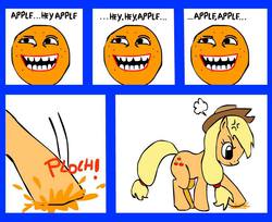 Size: 862x702 | Tagged: safe, applejack, g4, angry, annoying orange, frown, orange, squish, stomping, trolling