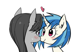Size: 600x400 | Tagged: safe, artist:re_ghotion, dj pon-3, octavia melody, vinyl scratch, g4, boop, female, heart, lesbian, noseboop, nuzzling, ship:scratchtavia, shipping, simple background, white background