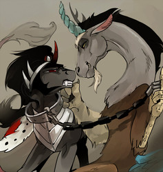Size: 600x632 | Tagged: safe, artist:pasikon, discord, king sombra, draconequus, pony, unicorn, g4, angry, chains, collar, crack shipping, gay, grin, looking at each other, male, shipping, sombracord, stallion