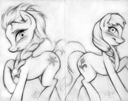 Size: 600x472 | Tagged: safe, artist:carlotta-guidicelli, anna, blushing, braid, crossover, elsa, frozen (movie), looking at you, monochrome, pencil drawing, ponified, raised hoof, raised leg, smiling, traditional art